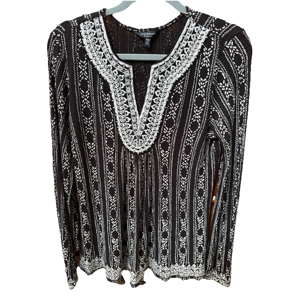 Lucky Brand‎ Womens Tunic Blouse Boho V Neck Geometric Print Size Medium